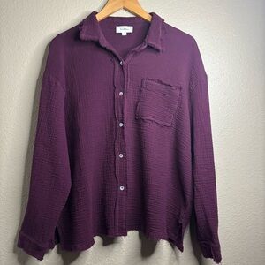 bohme Plum Textured Gauze Button-Down Top Frayed Edges Oversized size L Bohemian